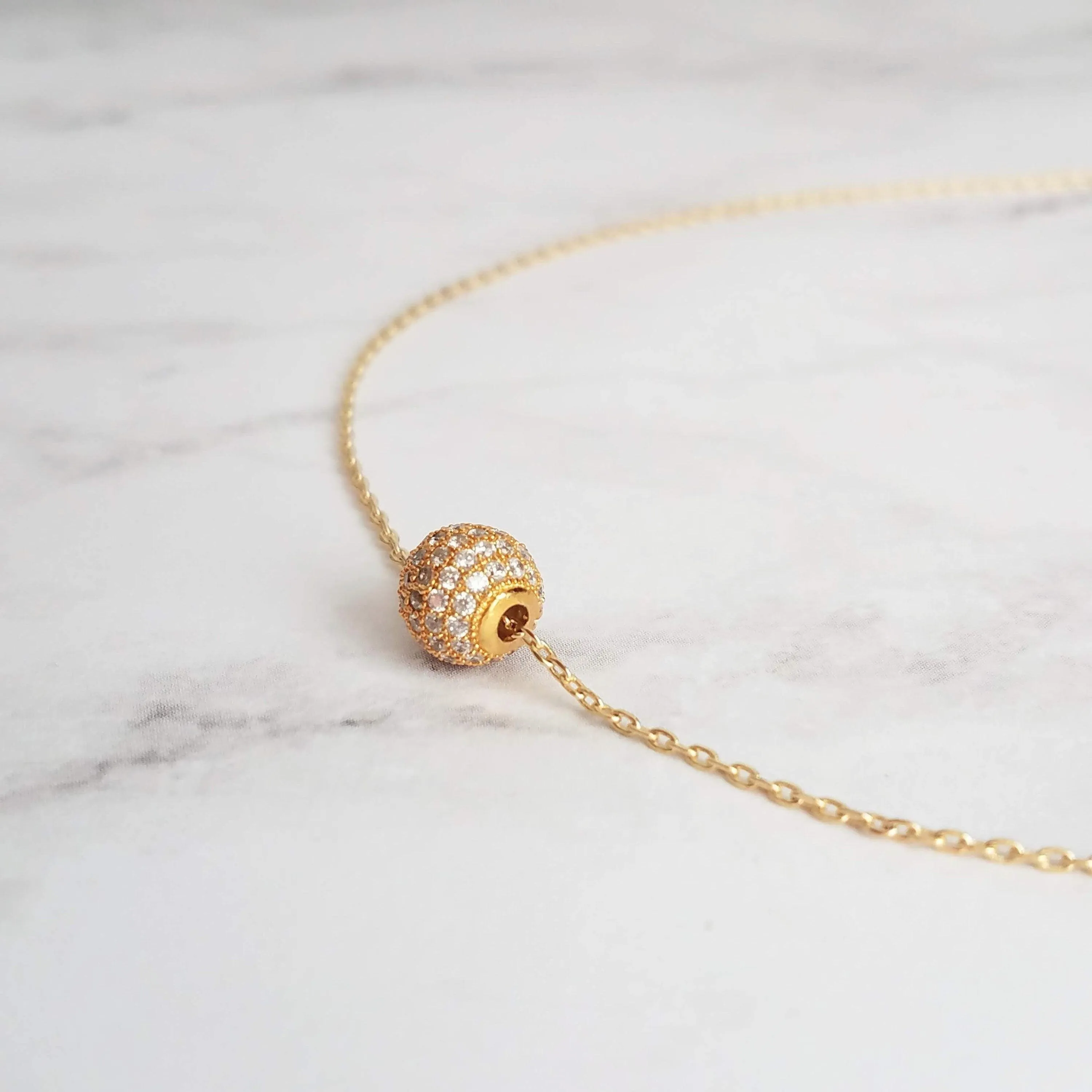 Gold CZ Ball Necklace - round crystal pendant, gold chain, tiny faux diamond bead, slider pendant, 6mm pave pendant, cubic zirconia, globe