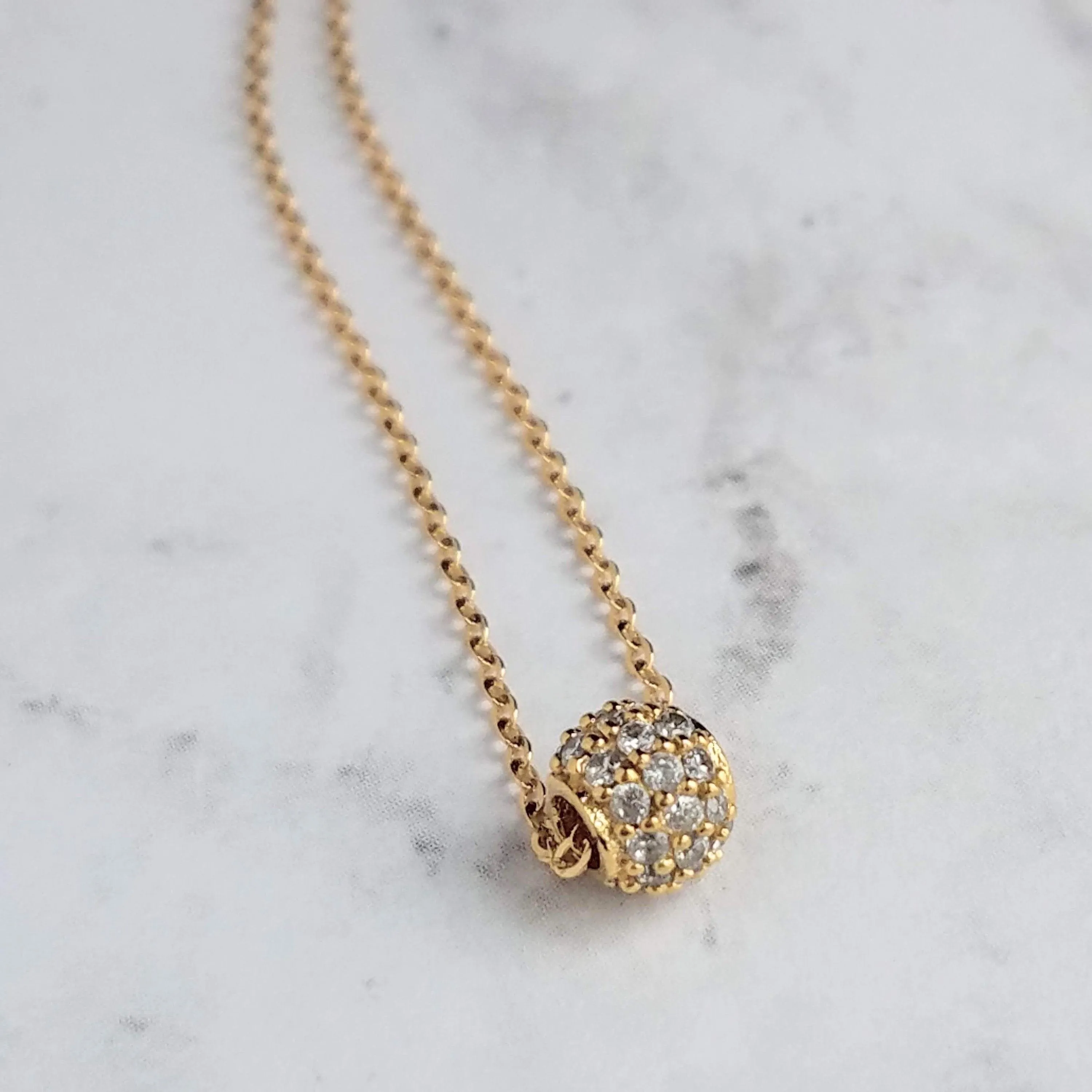 Gold CZ Ball Necklace - round crystal pendant, gold chain, tiny faux diamond bead, slider pendant, 6mm pave pendant, cubic zirconia, globe