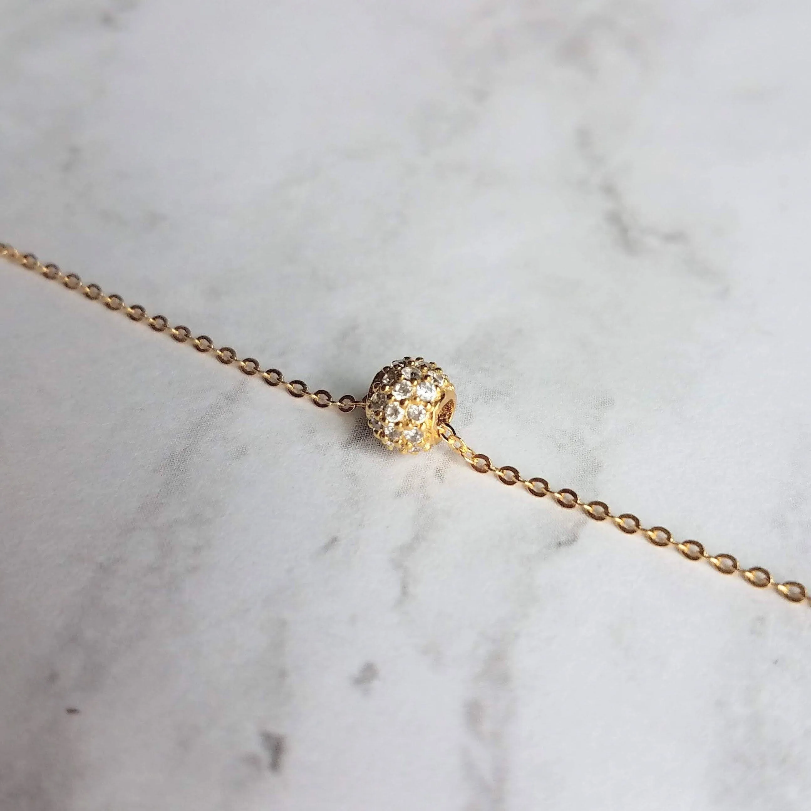 Gold CZ Ball Necklace - round crystal pendant, gold chain, tiny faux diamond bead, slider pendant, 6mm pave pendant, cubic zirconia, globe