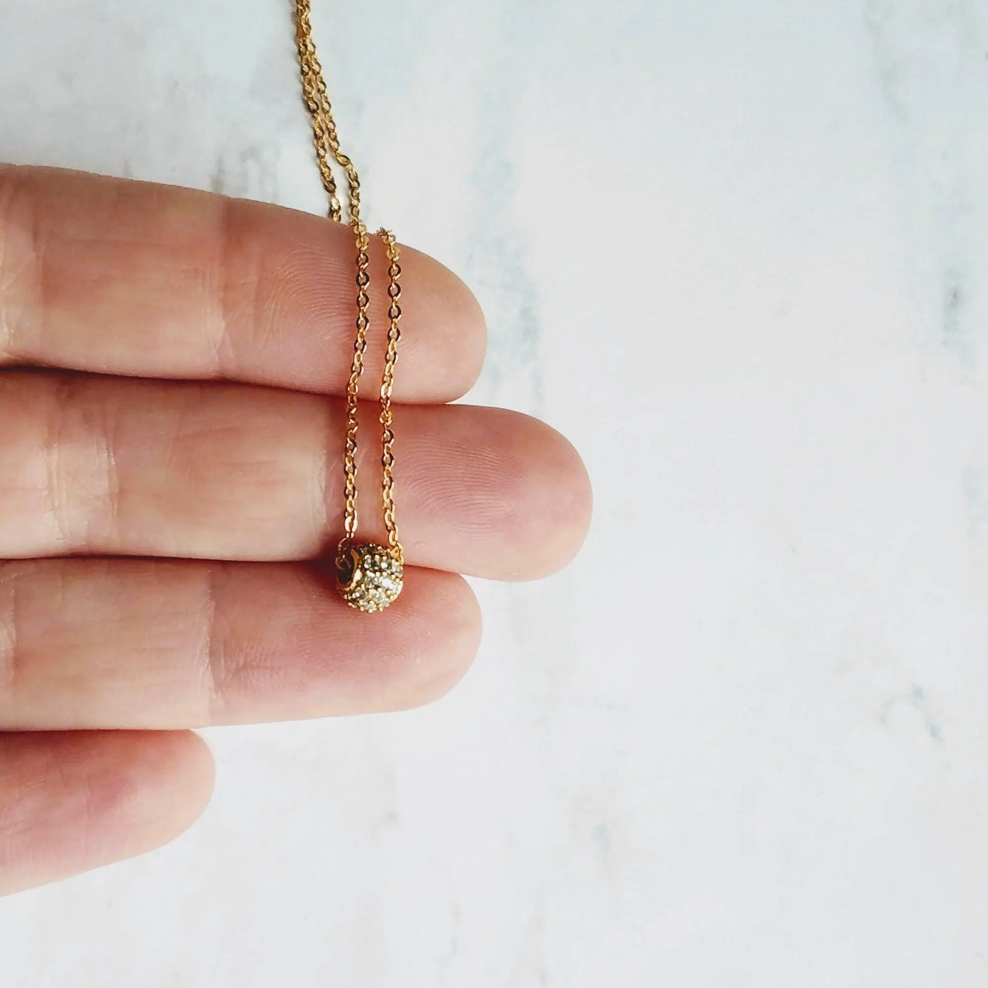 Gold CZ Ball Necklace - round crystal pendant, gold chain, tiny faux diamond bead, slider pendant, 6mm pave pendant, cubic zirconia, globe