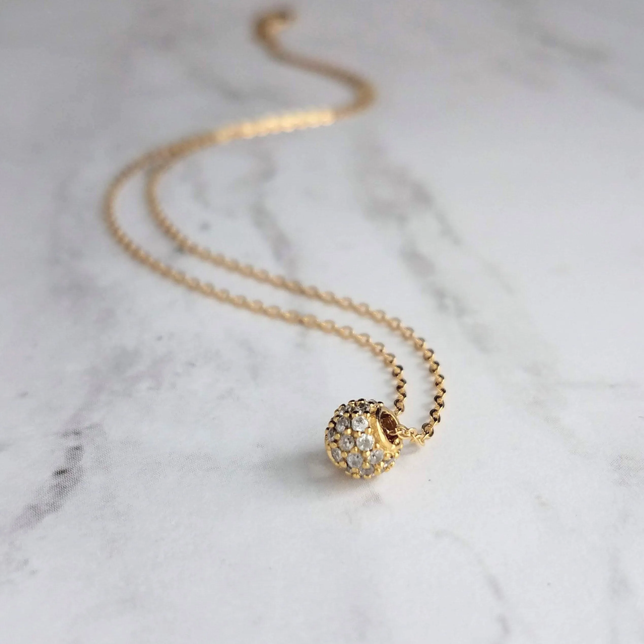 Gold CZ Ball Necklace - round crystal pendant, gold chain, tiny faux diamond bead, slider pendant, 6mm pave pendant, cubic zirconia, globe