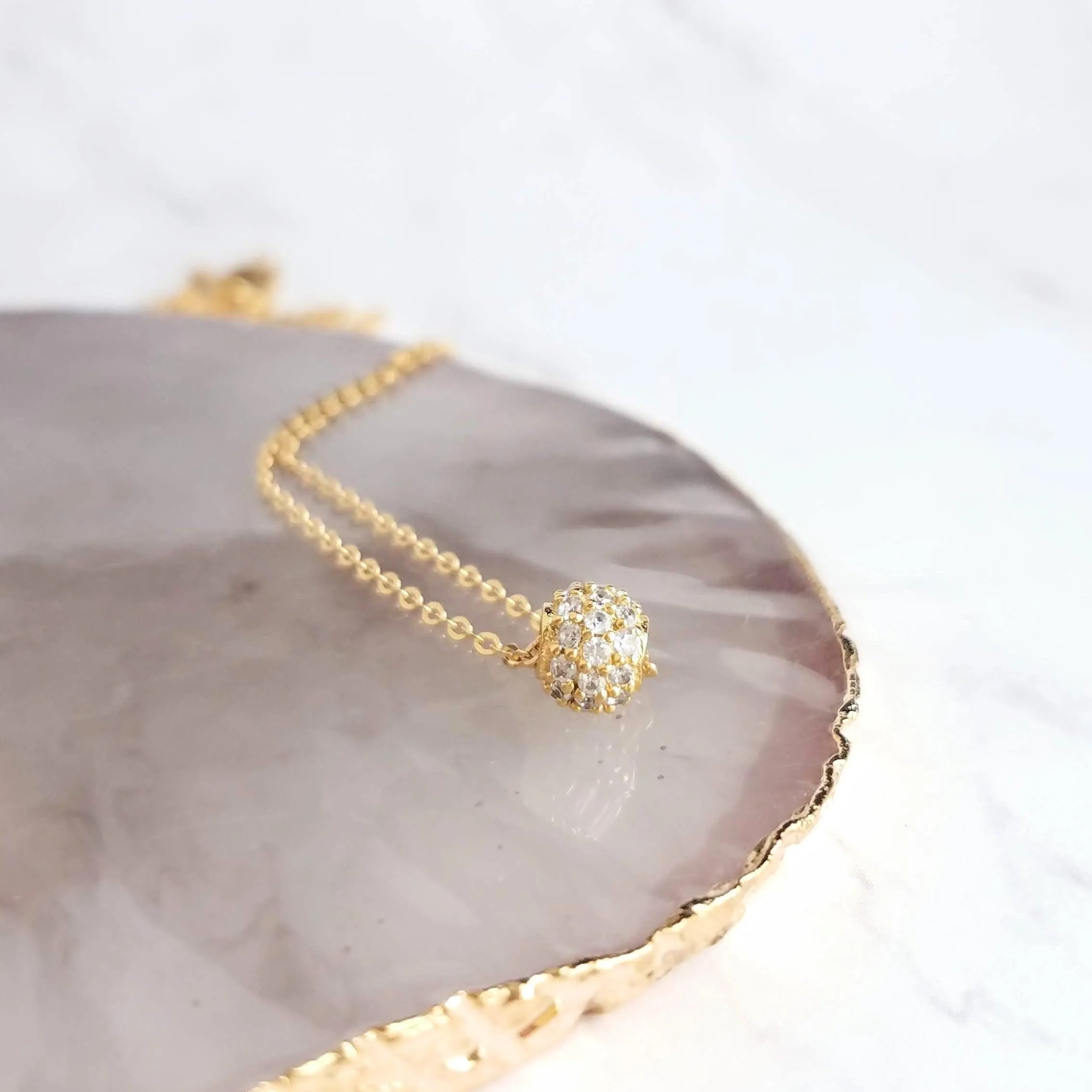 Gold CZ Ball Necklace - round crystal pendant, gold chain, tiny faux diamond bead, slider pendant, 6mm pave pendant, cubic zirconia, globe