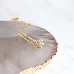 Gold CZ Ball Necklace - round crystal pendant, gold chain, tiny faux diamond bead, slider pendant, 6mm pave pendant, cubic zirconia, globe