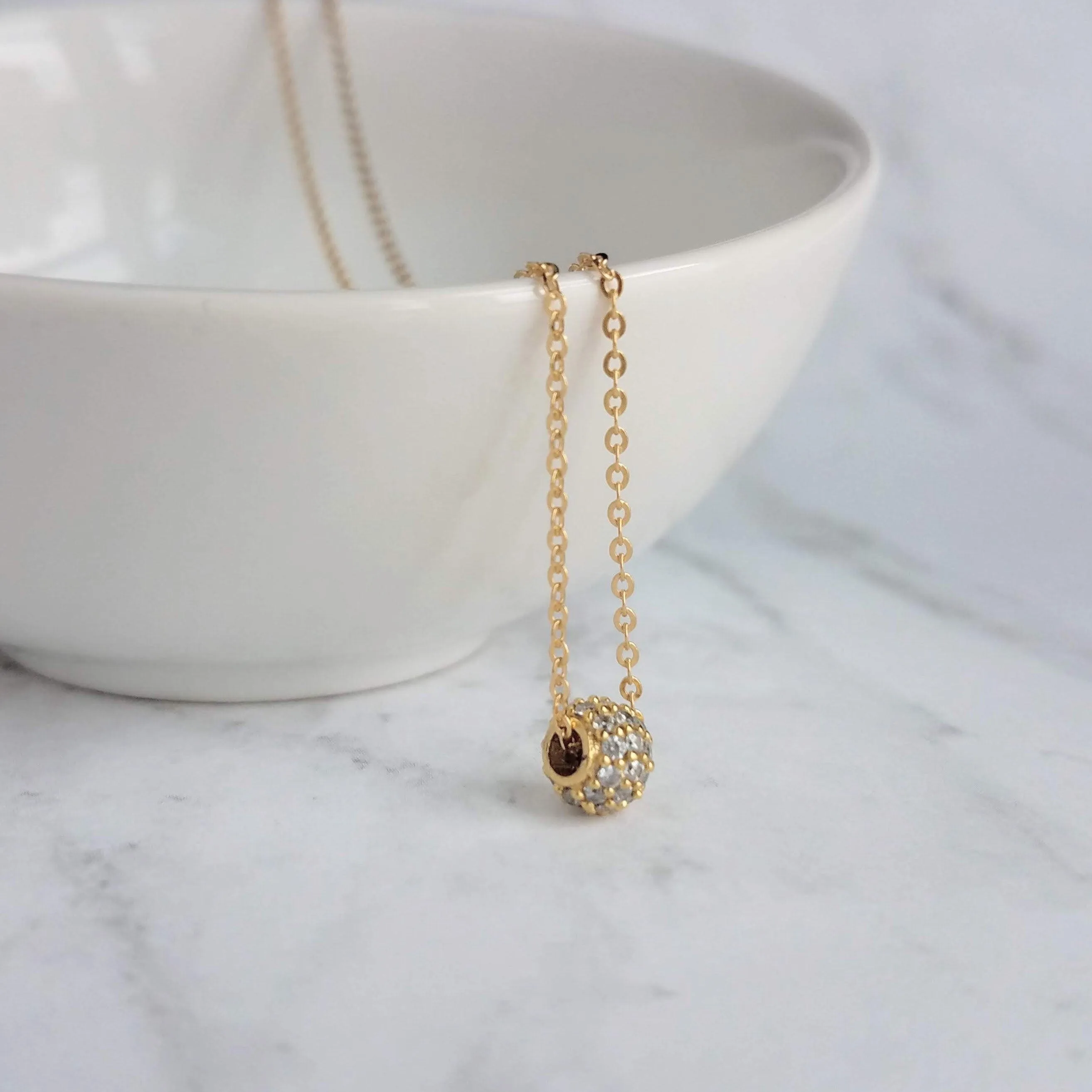 Gold CZ Ball Necklace - round crystal pendant, gold chain, tiny faux diamond bead, slider pendant, 6mm pave pendant, cubic zirconia, globe