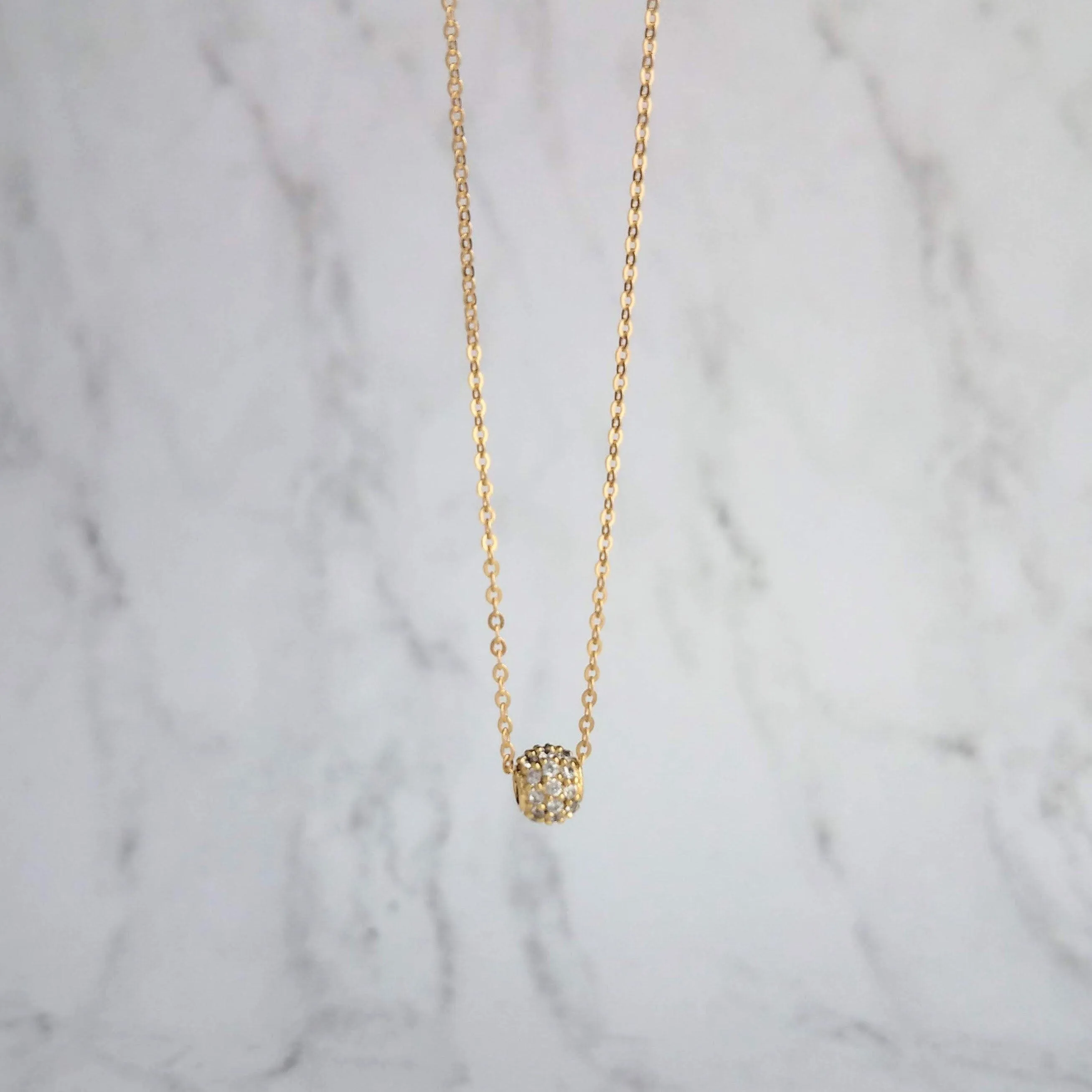Gold CZ Ball Necklace - round crystal pendant, gold chain, tiny faux diamond bead, slider pendant, 6mm pave pendant, cubic zirconia, globe