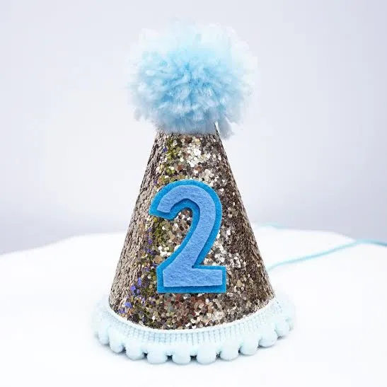 Gold Glitter Sparkles Blue 2nd Birthday Boy Cone Party Hat Toddler Birthday Pom Pom