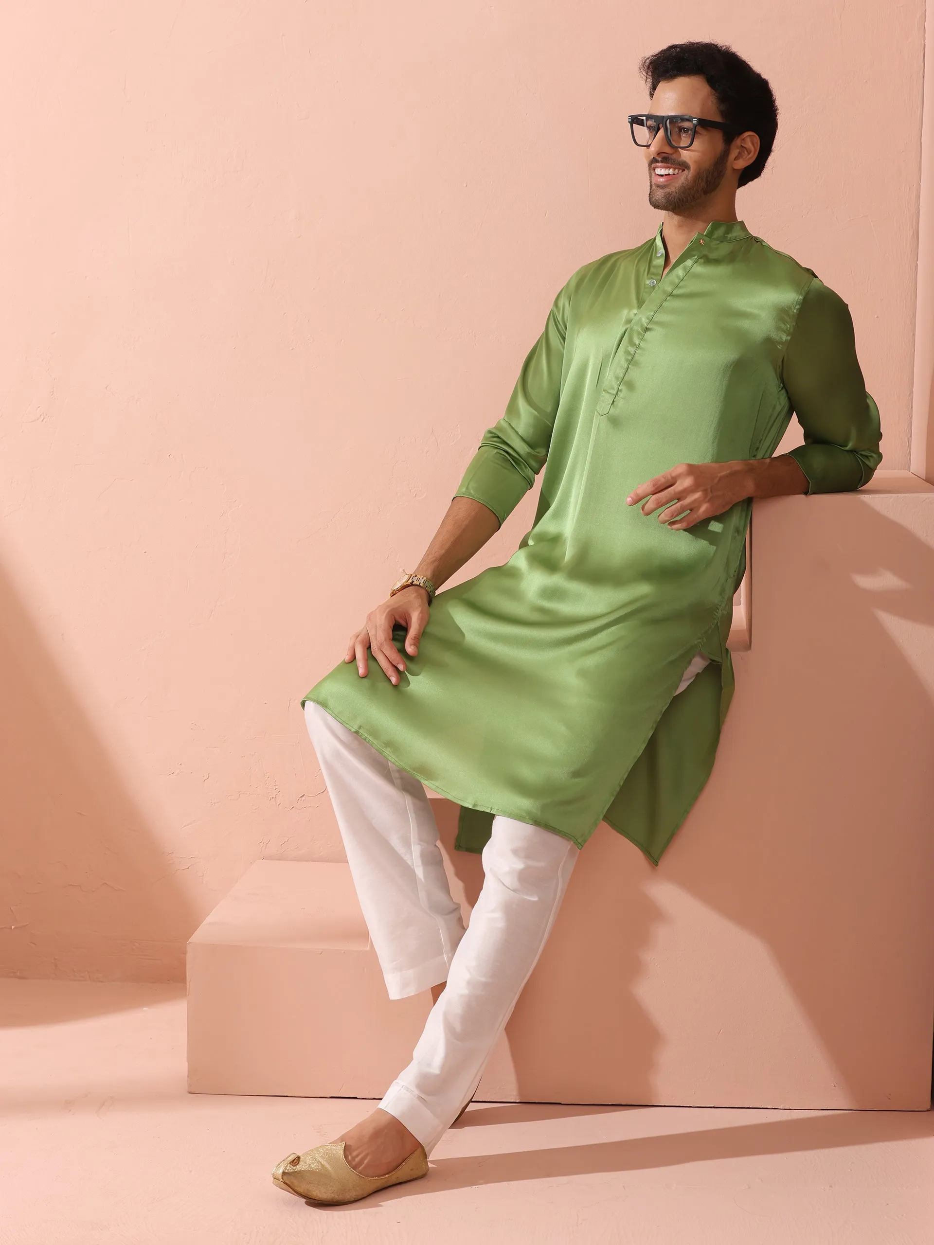 Green Apple Satin Kurta with Hidden Placket