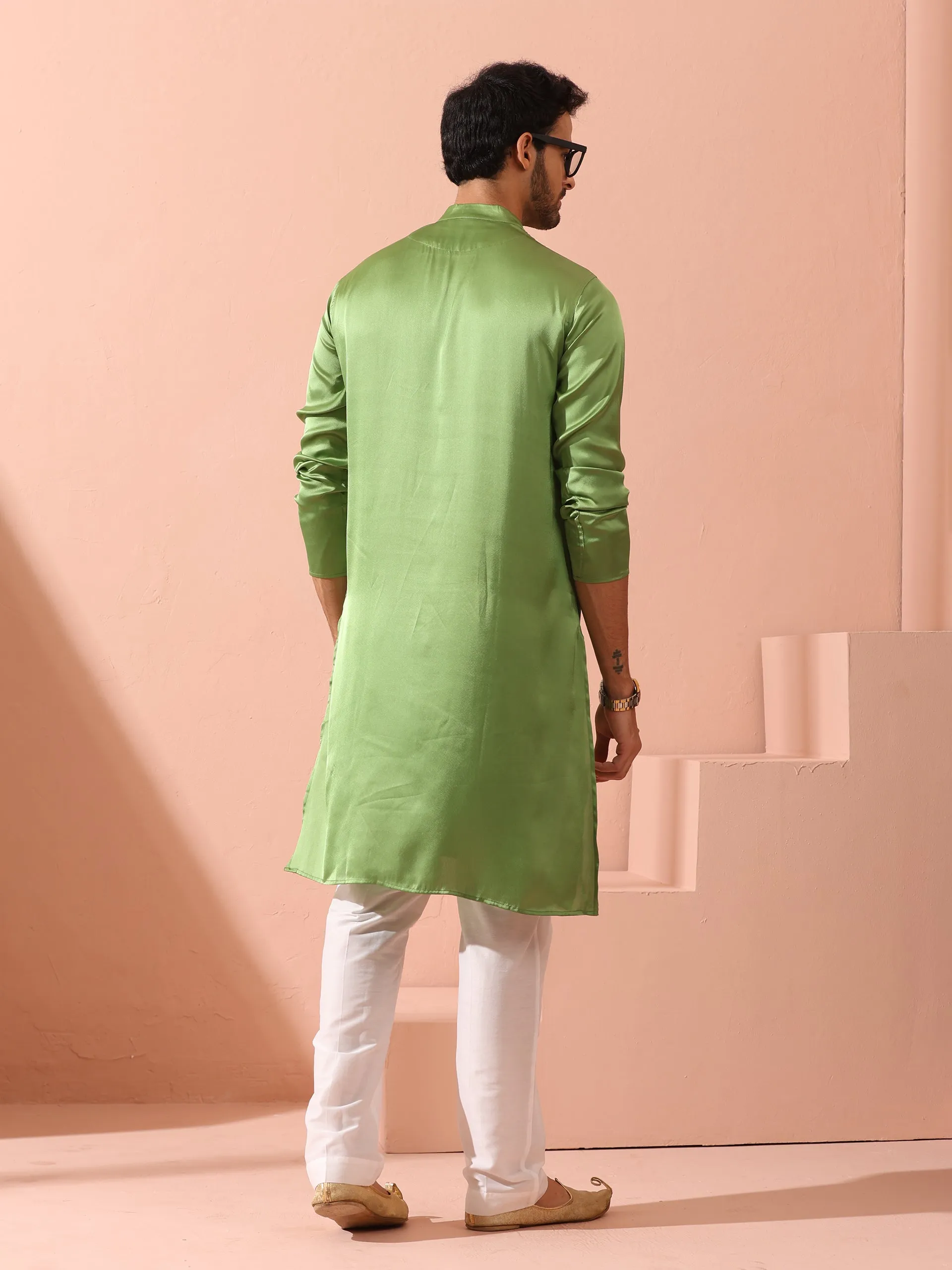 Green Apple Satin Kurta with Hidden Placket