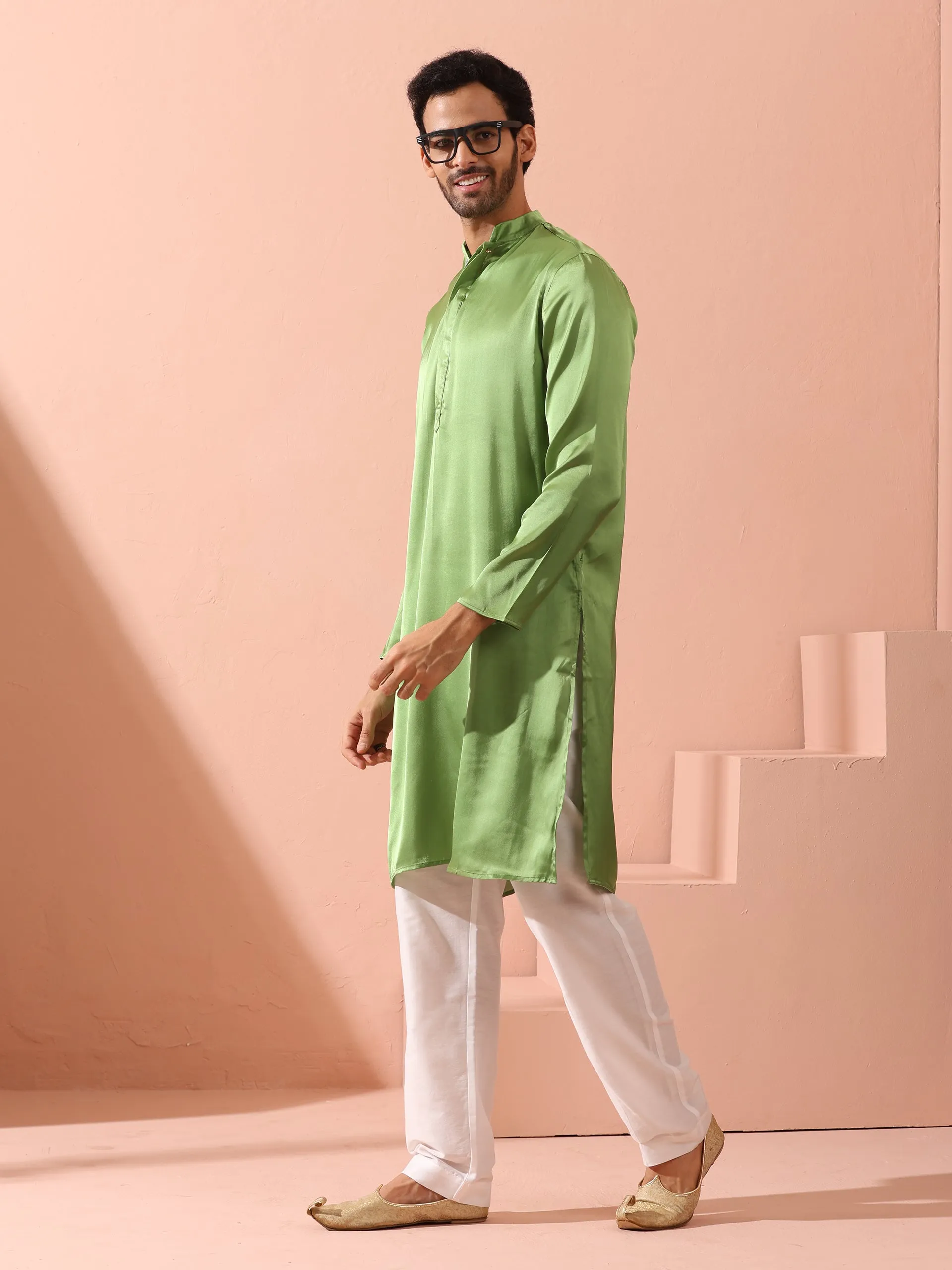 Green Apple Satin Kurta with Hidden Placket