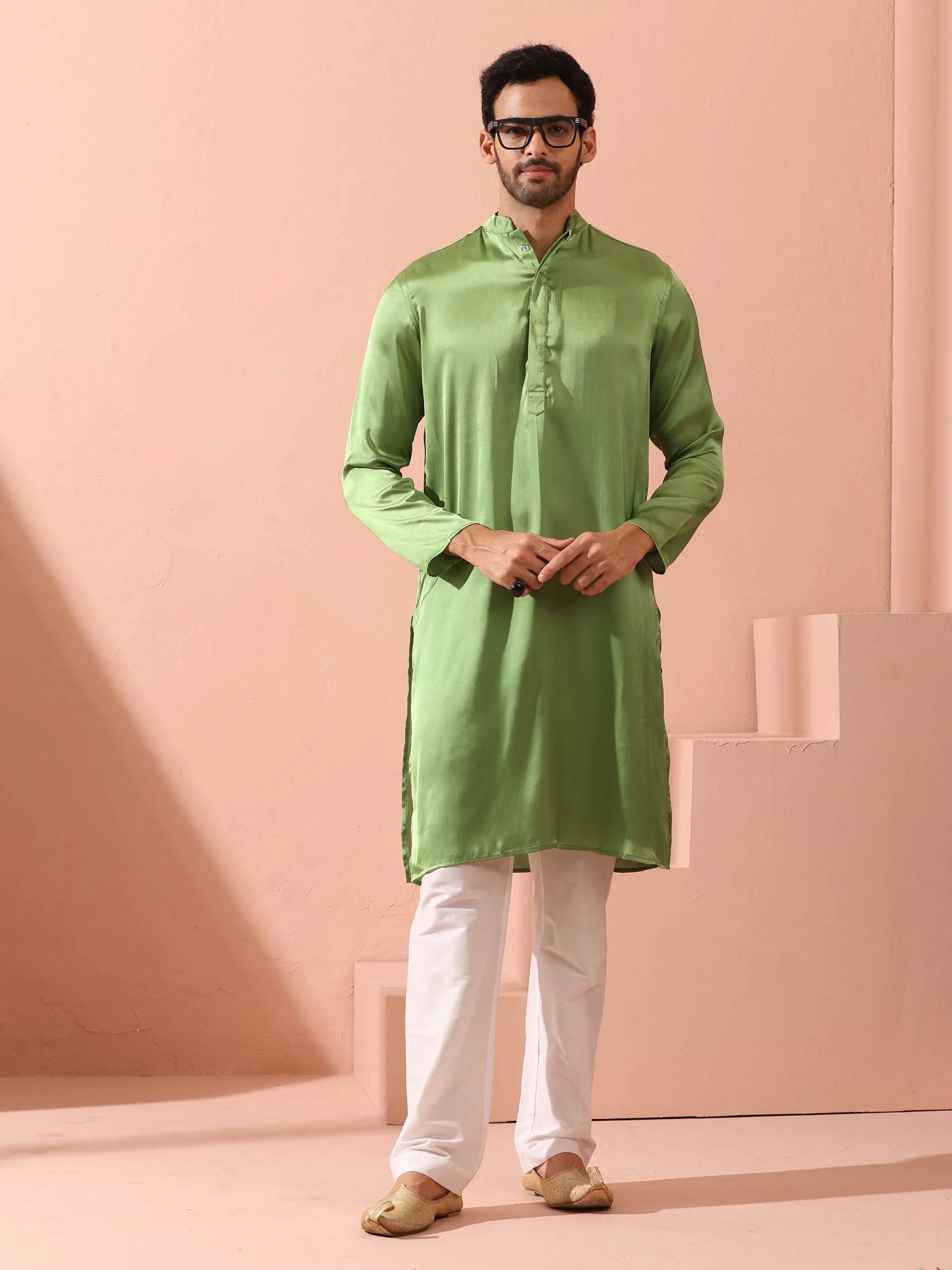 Green Apple Satin Kurta with Hidden Placket