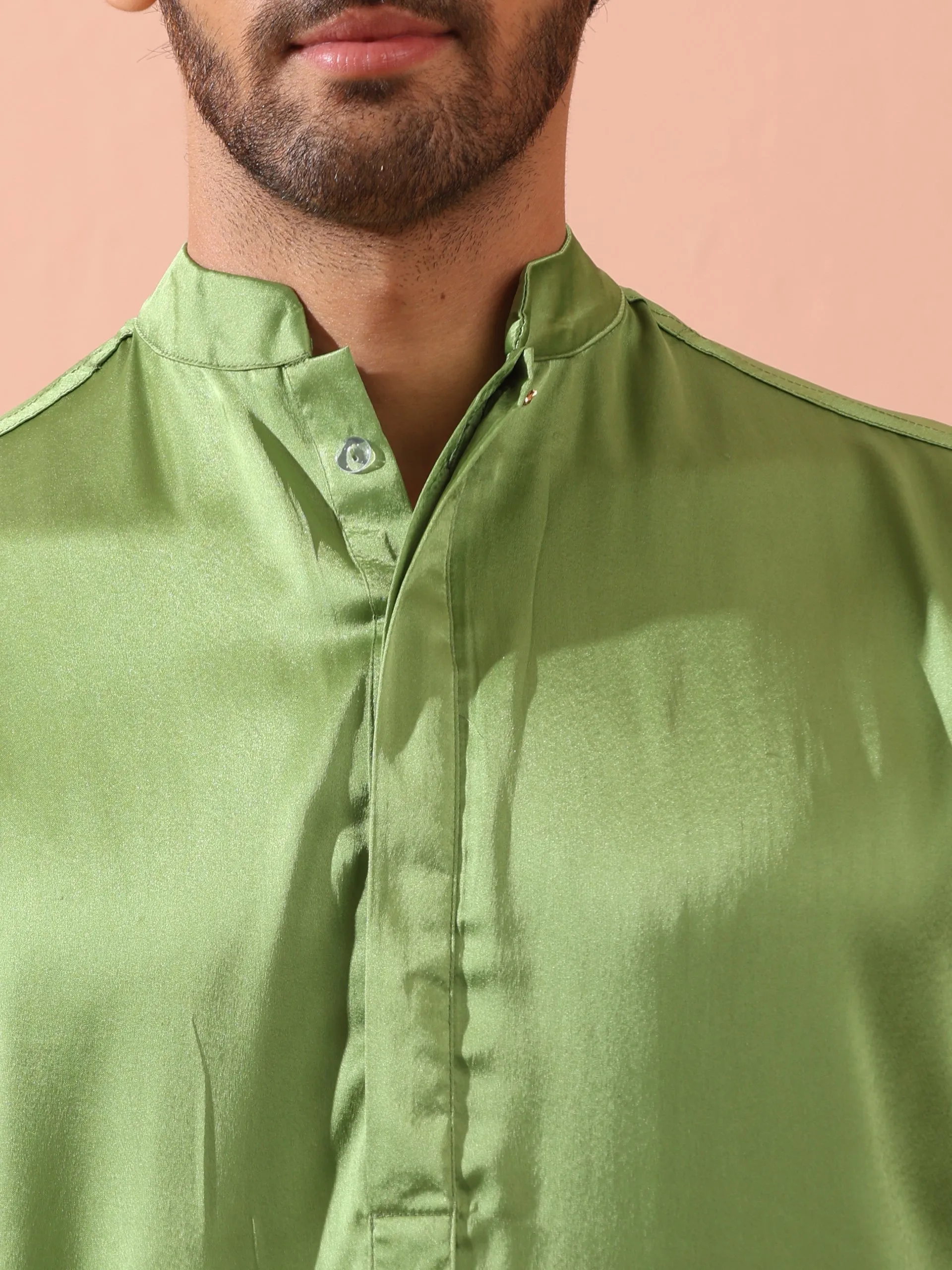 Green Apple Satin Kurta with Hidden Placket