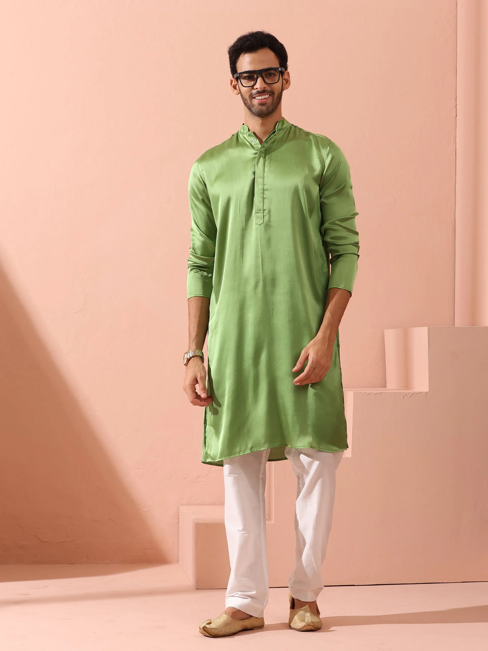 Green Apple Satin Kurta with Hidden Placket