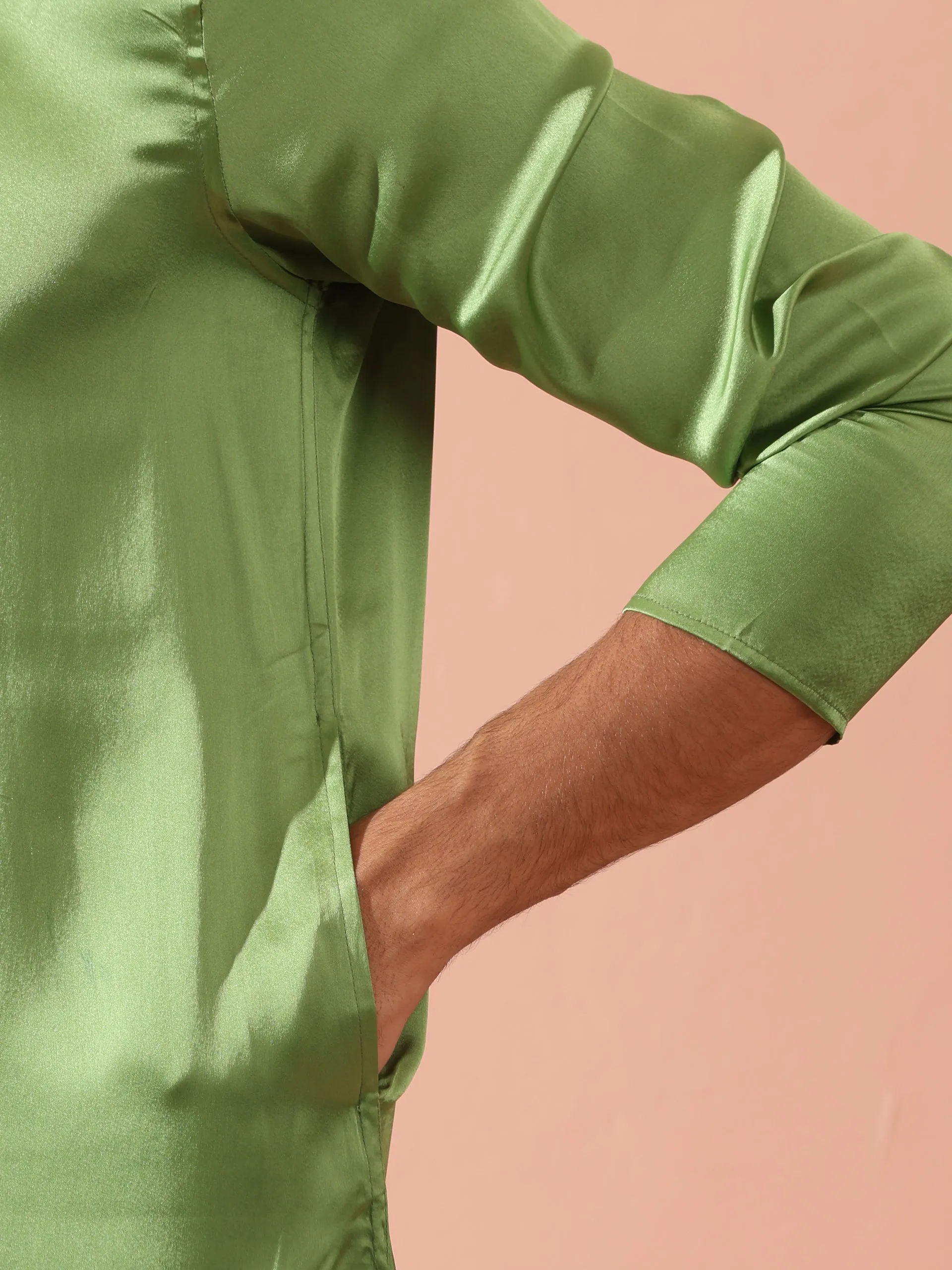 Green Apple Satin Kurta with Hidden Placket