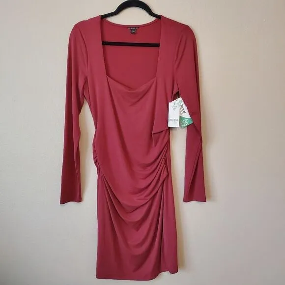 GUESS Eco Serena Square Neck Long Sleeve Bodycon Dress in Ruby Merlot Red