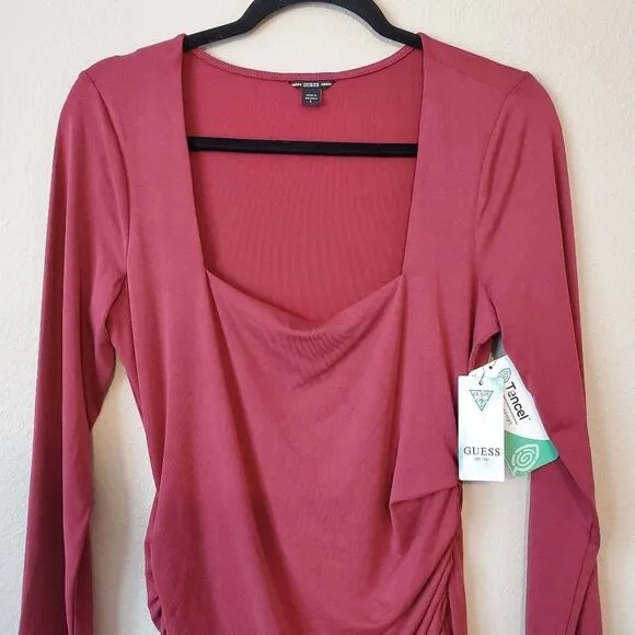GUESS Eco Serena Square Neck Long Sleeve Bodycon Dress in Ruby Merlot Red