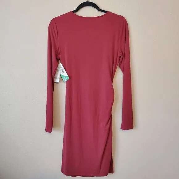 GUESS Eco Serena Square Neck Long Sleeve Bodycon Dress in Ruby Merlot Red