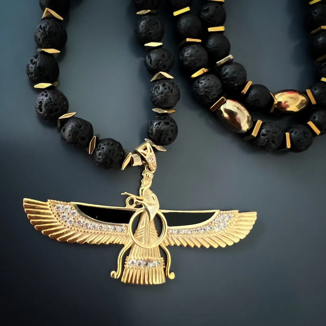 Guidance Faravahar Symbol Pendant Black Beaded Necklace