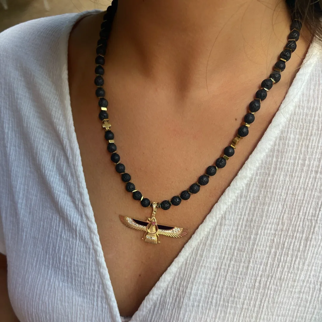 Guidance Faravahar Symbol Pendant Black Beaded Necklace