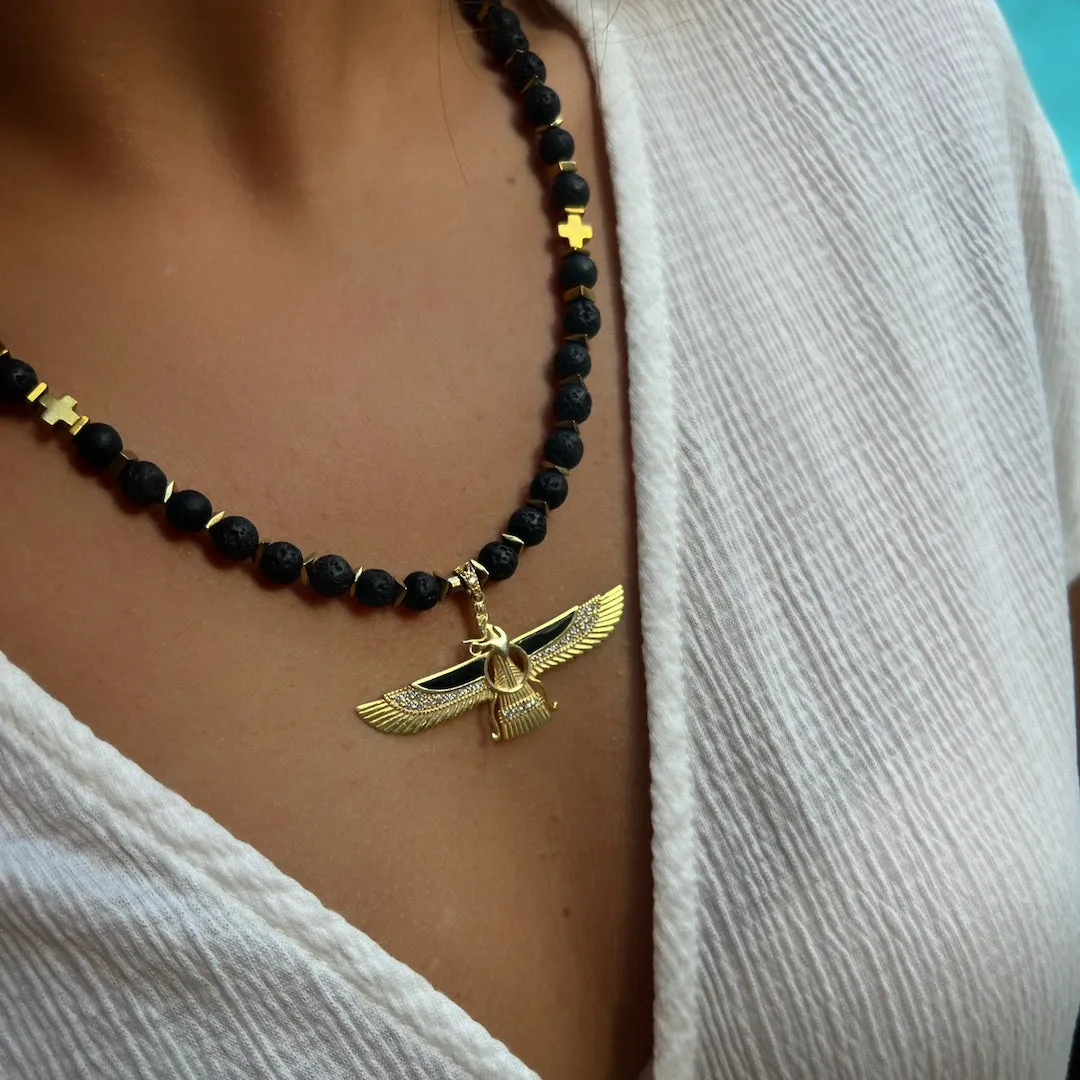 Guidance Faravahar Symbol Pendant Black Beaded Necklace