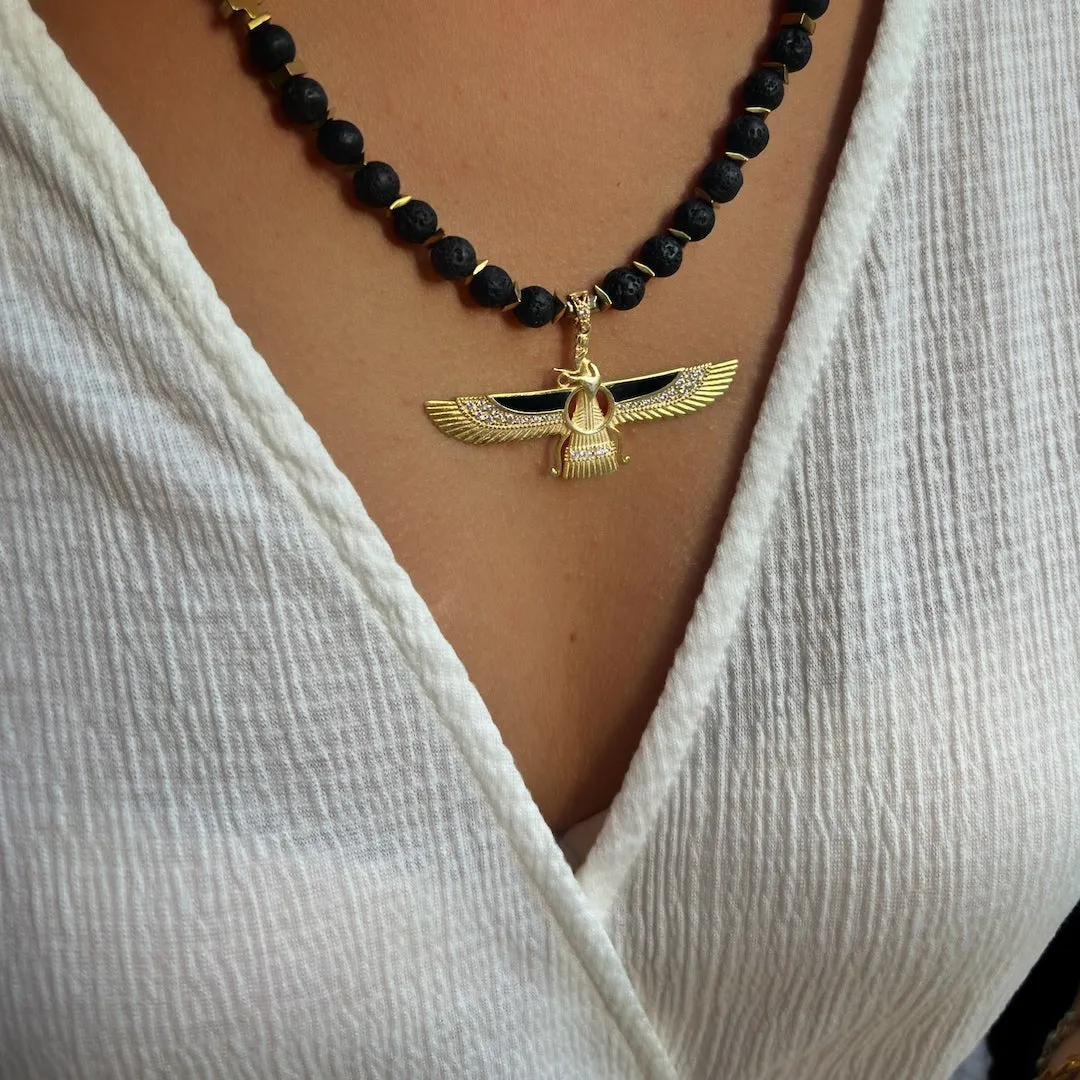 Guidance Faravahar Symbol Pendant Black Beaded Necklace