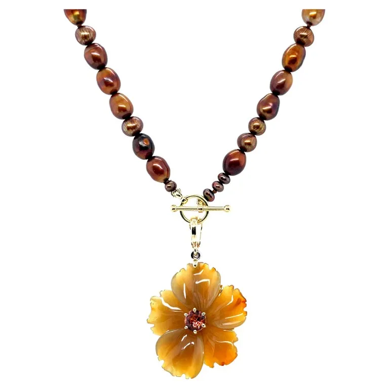 Hand Carved Agate Flower Enhancer and Freshwater Coffee Pearl Necklace