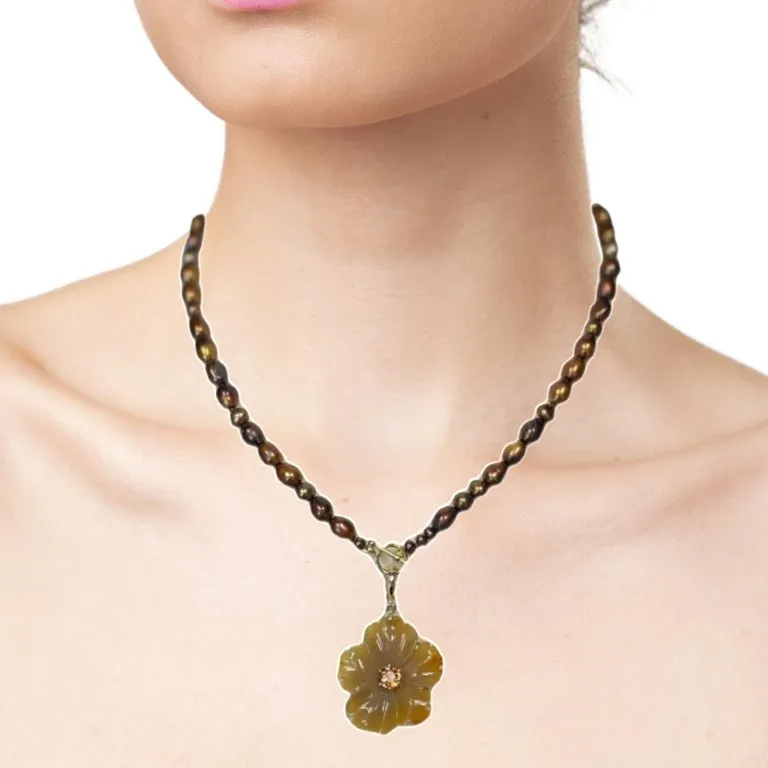 Hand Carved Agate Flower Enhancer and Freshwater Coffee Pearl Necklace