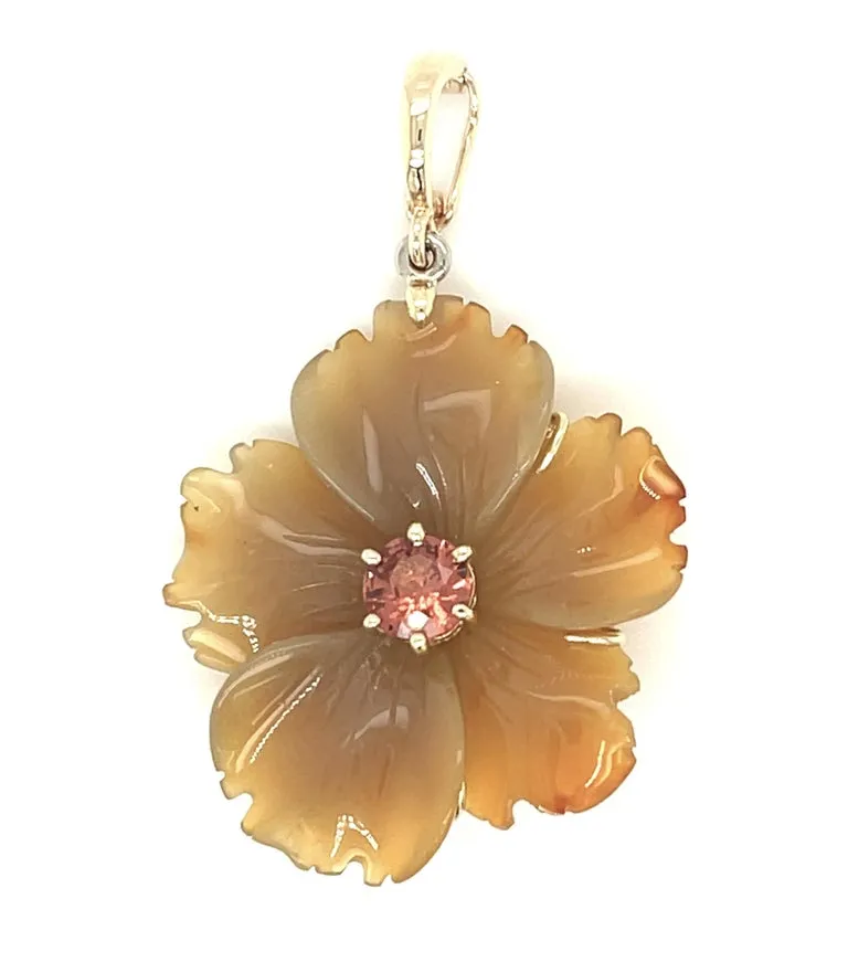 Hand Carved Agate Flower Enhancer and Freshwater Coffee Pearl Necklace