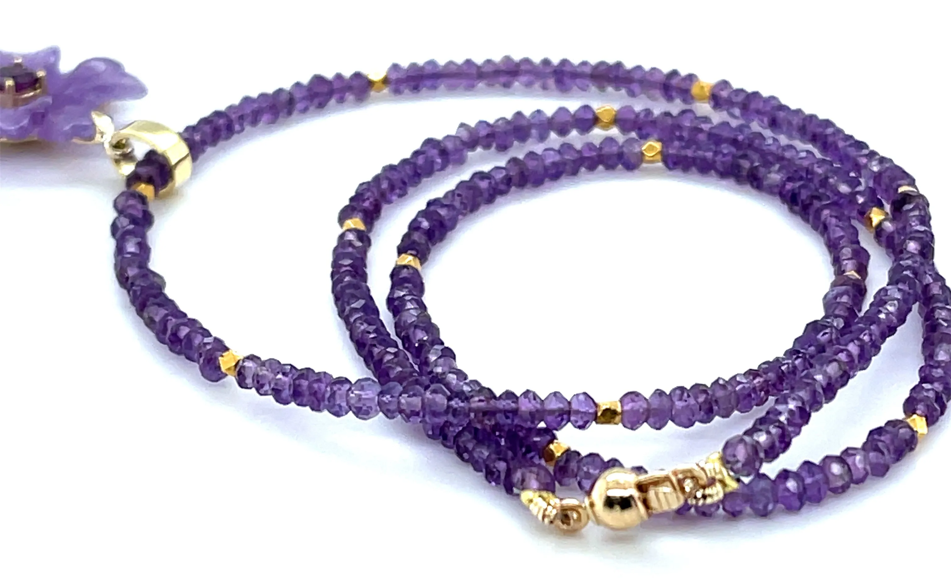 Hand Carved Amethyst Flower Pendant and Amethyst Bead Necklace with Yellow Gold Accents