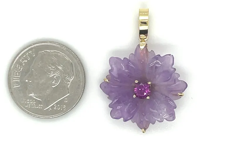 Hand Carved Amethyst Flower Pendant and Amethyst Bead Necklace with Yellow Gold Accents