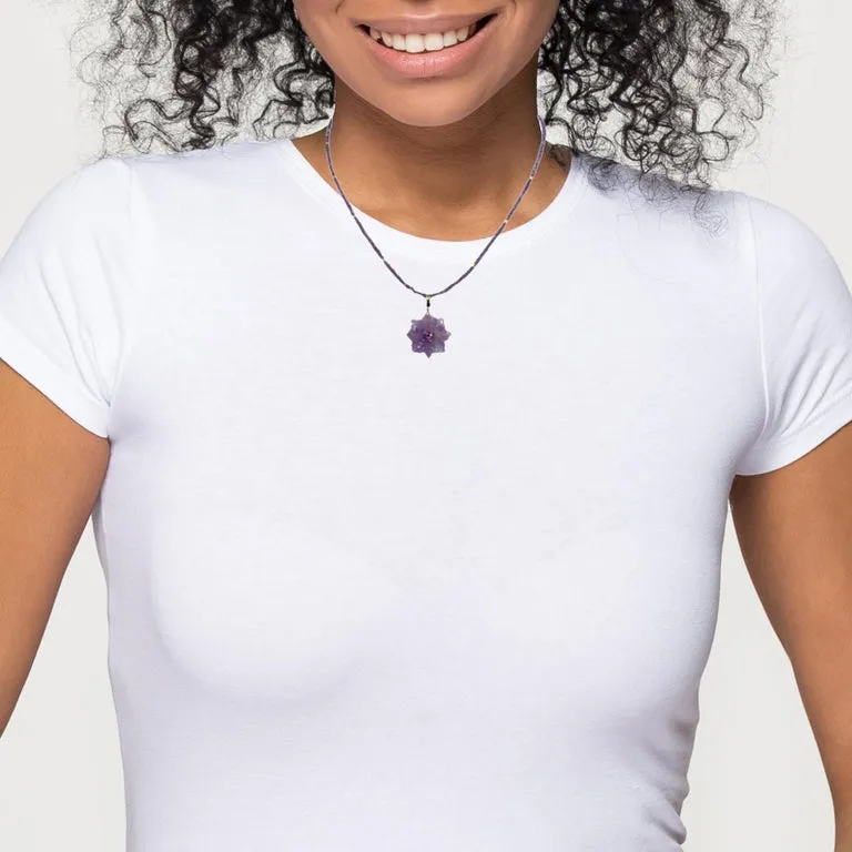 Hand Carved Amethyst Flower Pendant and Amethyst Bead Necklace with Yellow Gold Accents