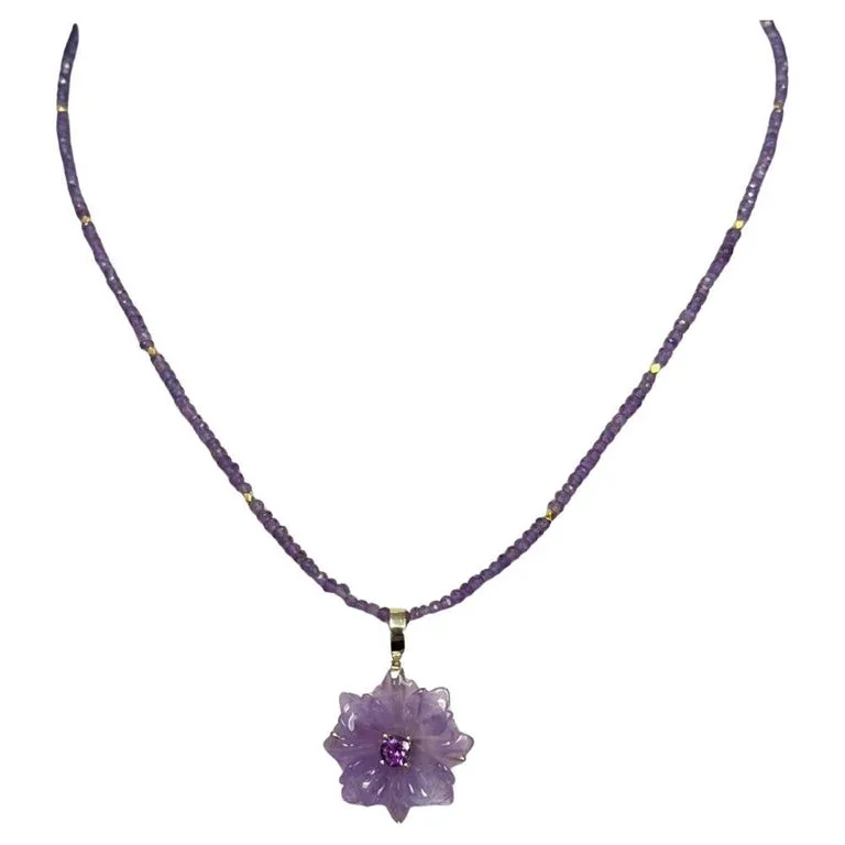 Hand Carved Amethyst Flower Pendant and Amethyst Bead Necklace with Yellow Gold Accents