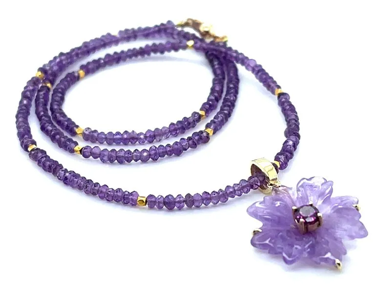 Hand Carved Amethyst Flower Pendant and Amethyst Bead Necklace with Yellow Gold Accents