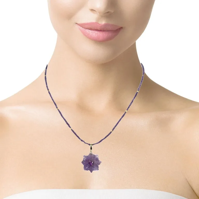 Hand Carved Amethyst Flower Pendant and Amethyst Bead Necklace with Yellow Gold Accents