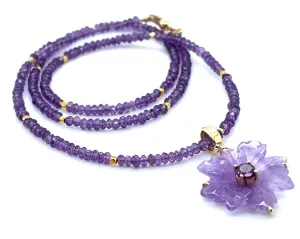 Hand Carved Amethyst Flower Pendant and Amethyst Bead Necklace with Yellow Gold Accents