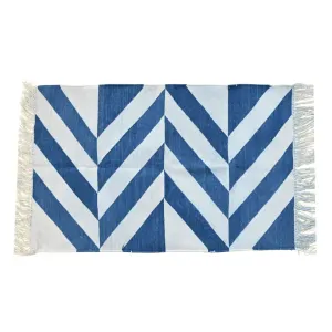 Handwoven Blue and White Chevron Cotton Rug with Fringes