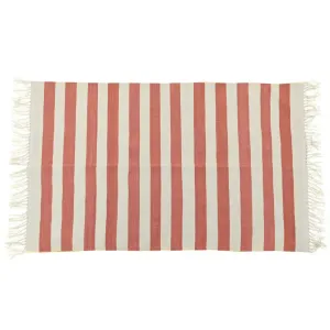 Handwoven Orange and White Stripe Cotton Rug with Fringes