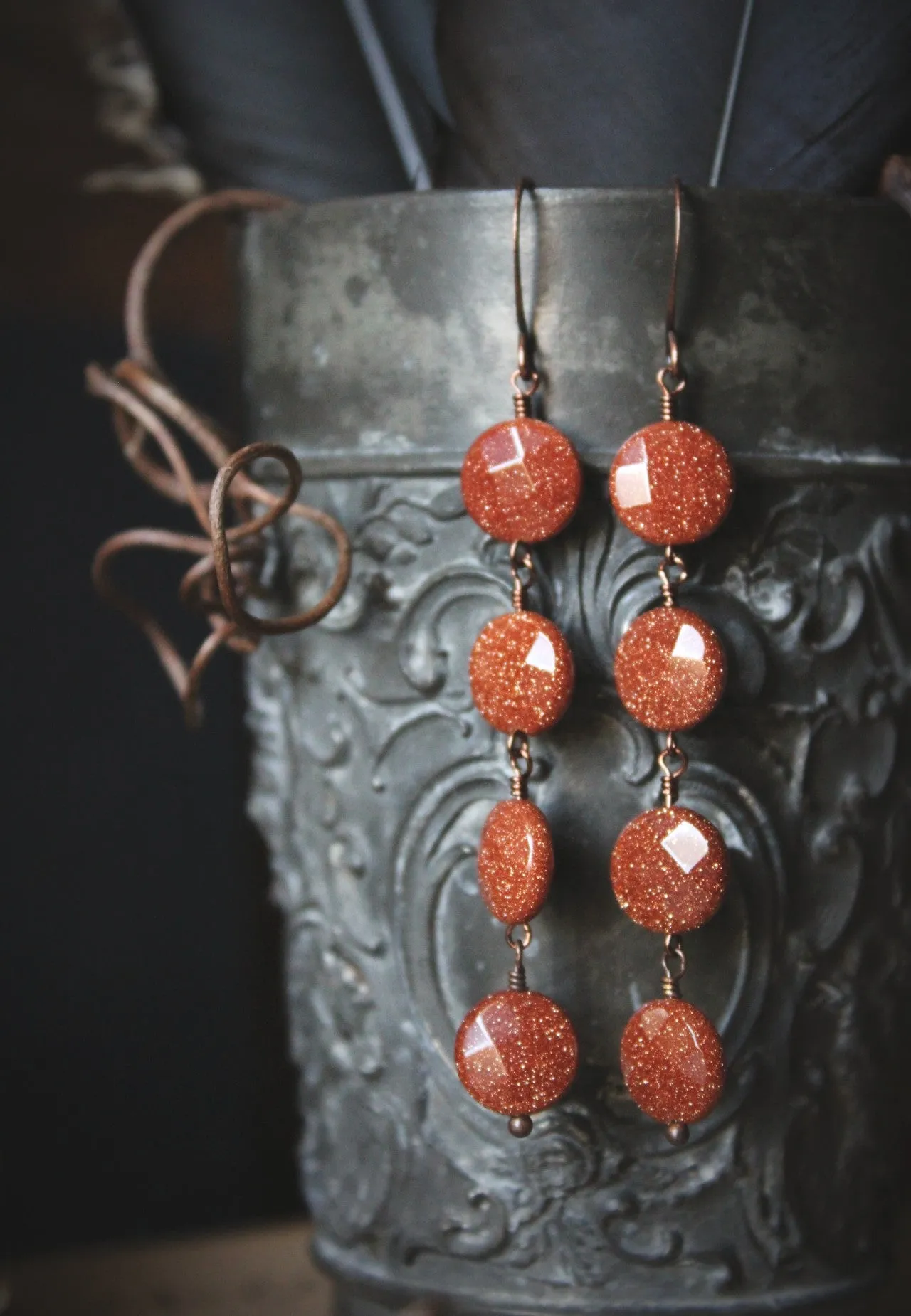 Hearthfire. Linear Goldstone Drop Earrings.