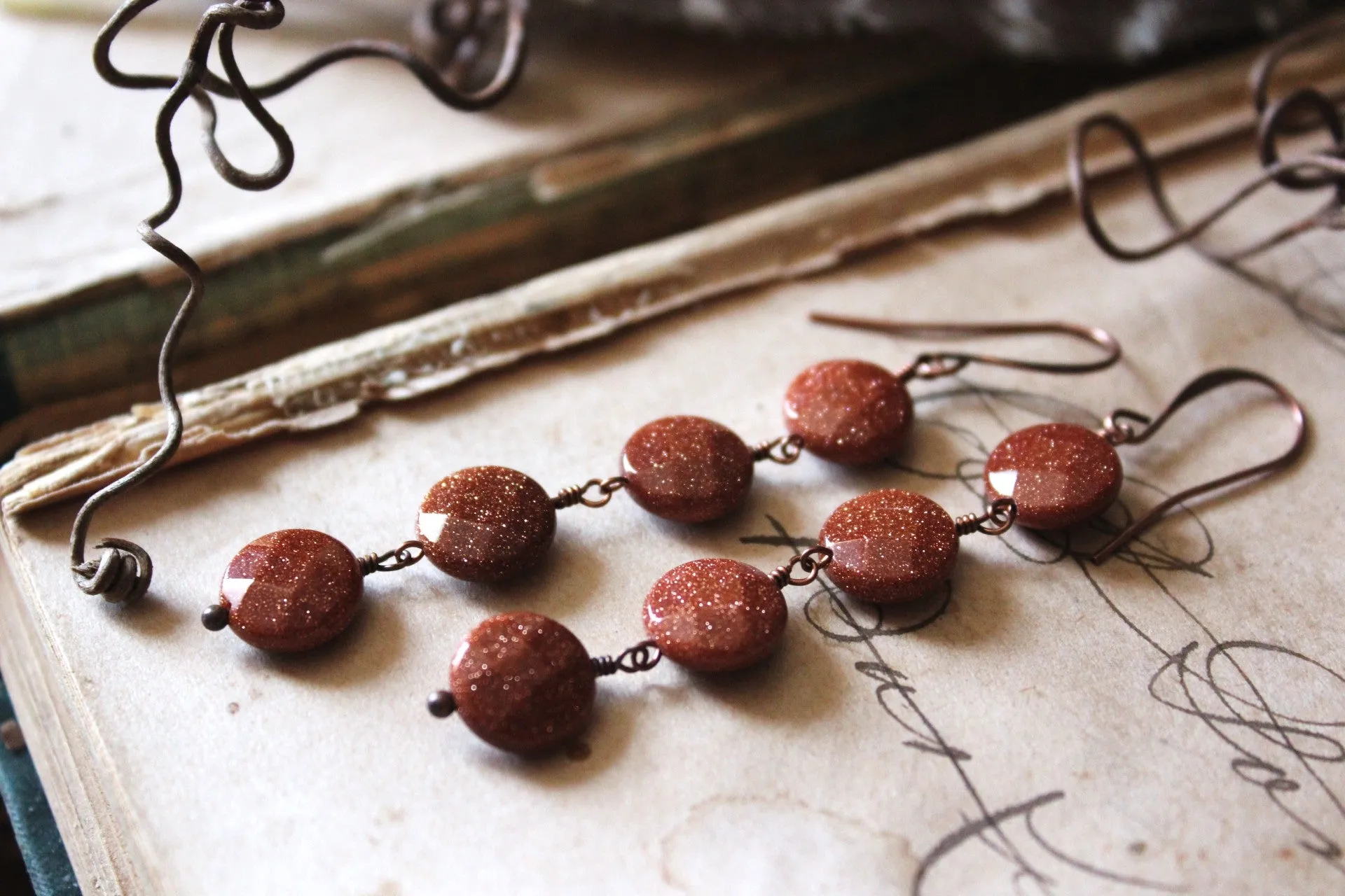 Hearthfire. Linear Goldstone Drop Earrings.