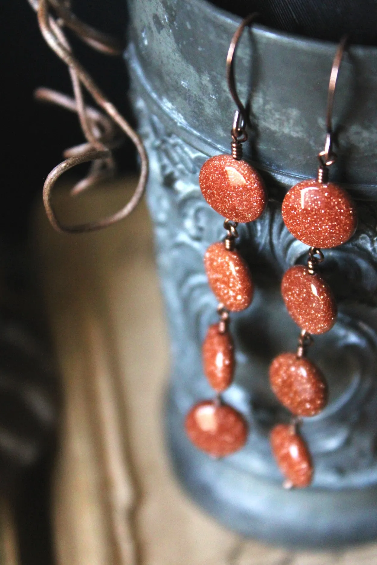 Hearthfire. Linear Goldstone Drop Earrings.