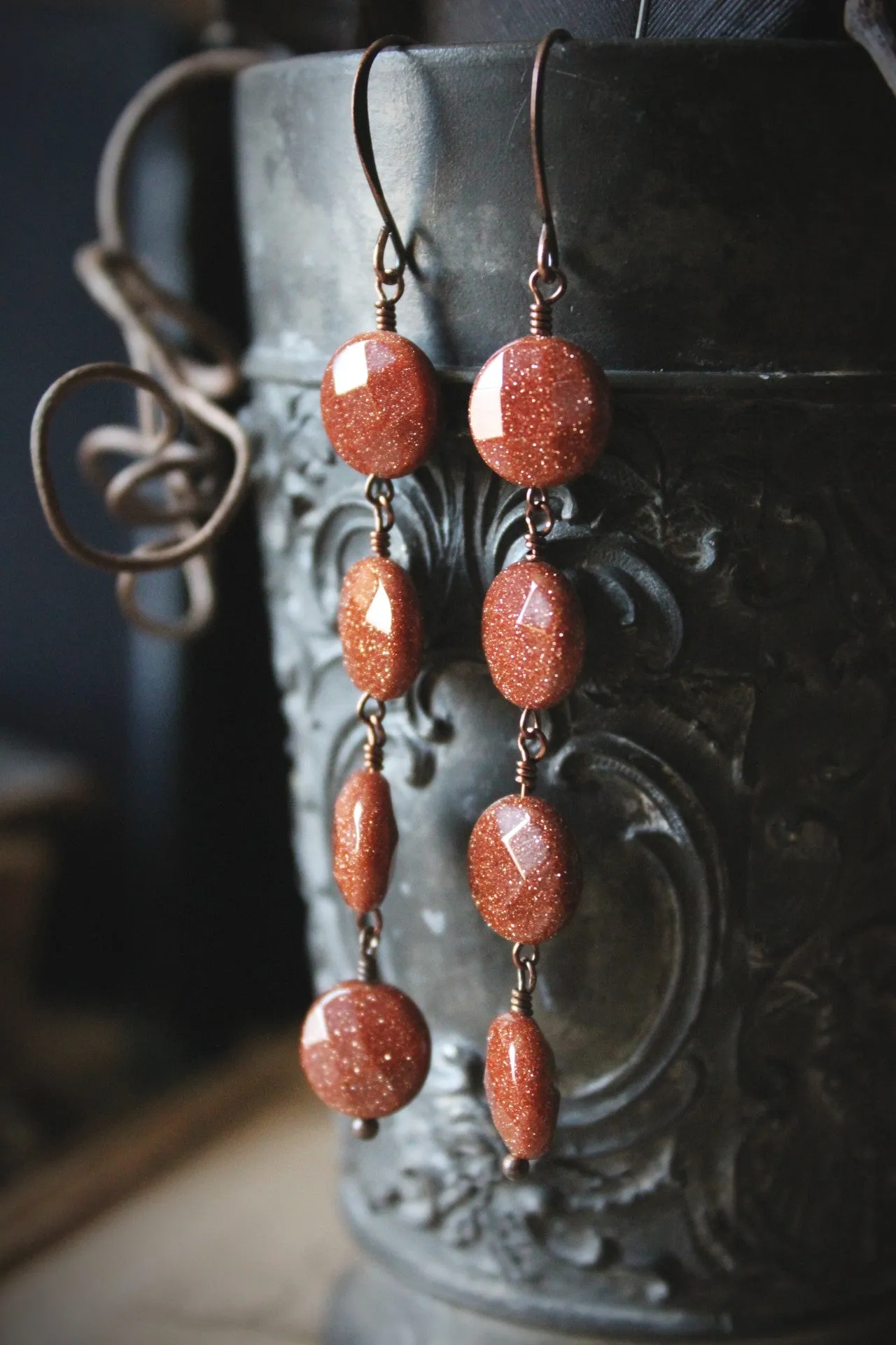 Hearthfire. Linear Goldstone Drop Earrings.