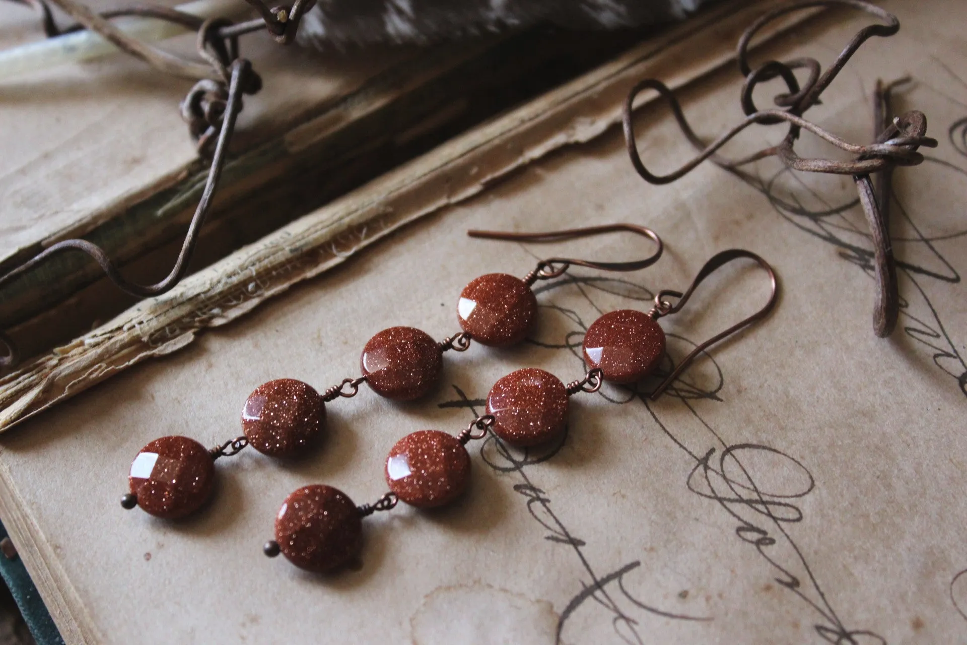 Hearthfire. Linear Goldstone Drop Earrings.