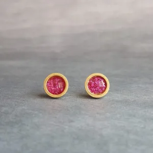 Hot Pink Gold Stud Earrings, gold fuchsia stud earring, hot pink earrings, little gold earring, fuchsia earring pink glitter stainless steel