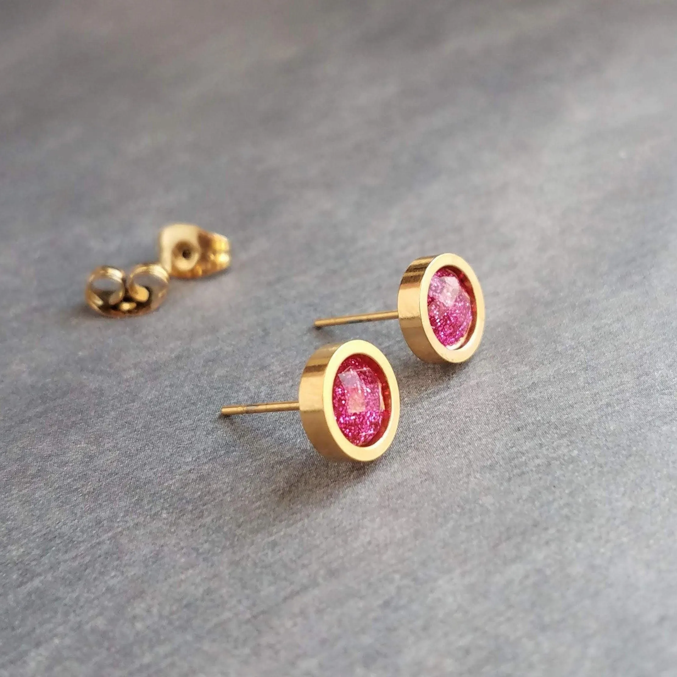 Hot Pink Gold Stud Earrings, gold fuchsia stud earring, hot pink earrings, little gold earring, fuchsia earring pink glitter stainless steel