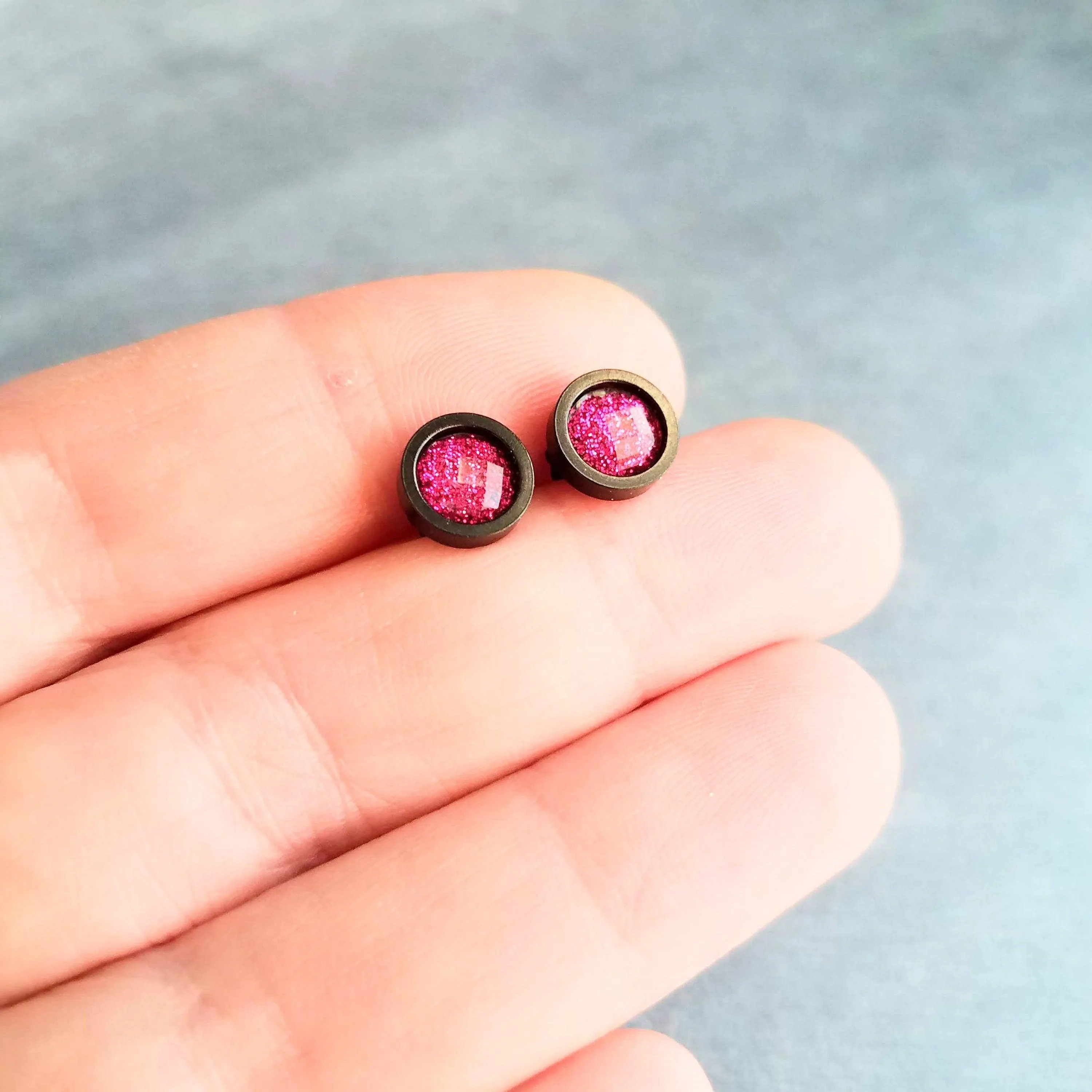 Hot Pink Gold Stud Earrings, gold fuchsia stud earring, hot pink earrings, little gold earring, fuchsia earring pink glitter stainless steel