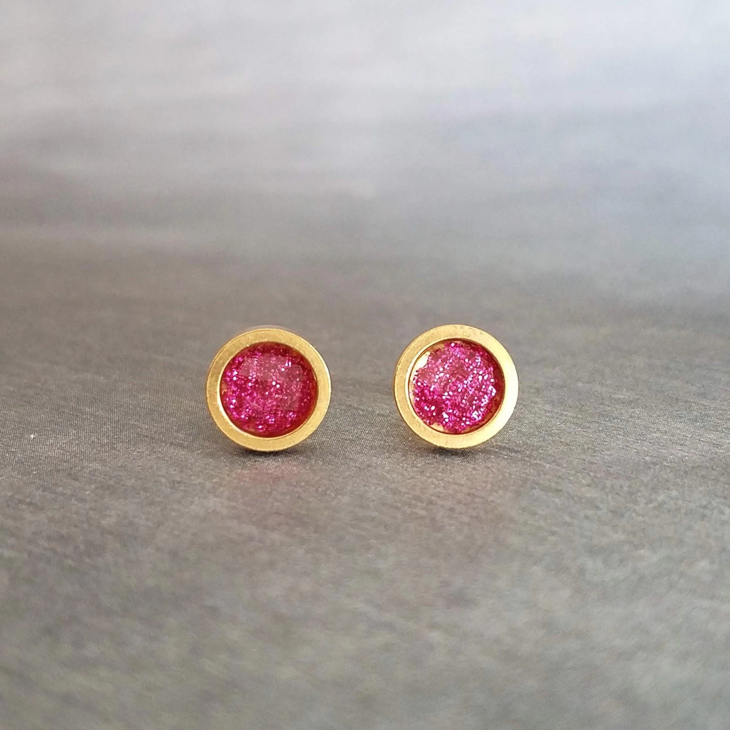 Hot Pink Gold Stud Earrings, gold fuchsia stud earring, hot pink earrings, little gold earring, fuchsia earring pink glitter stainless steel