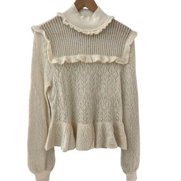 Intermix‎ Cottage Alpaca Blend Delicate Ruffled Sweater in Cream Size Large