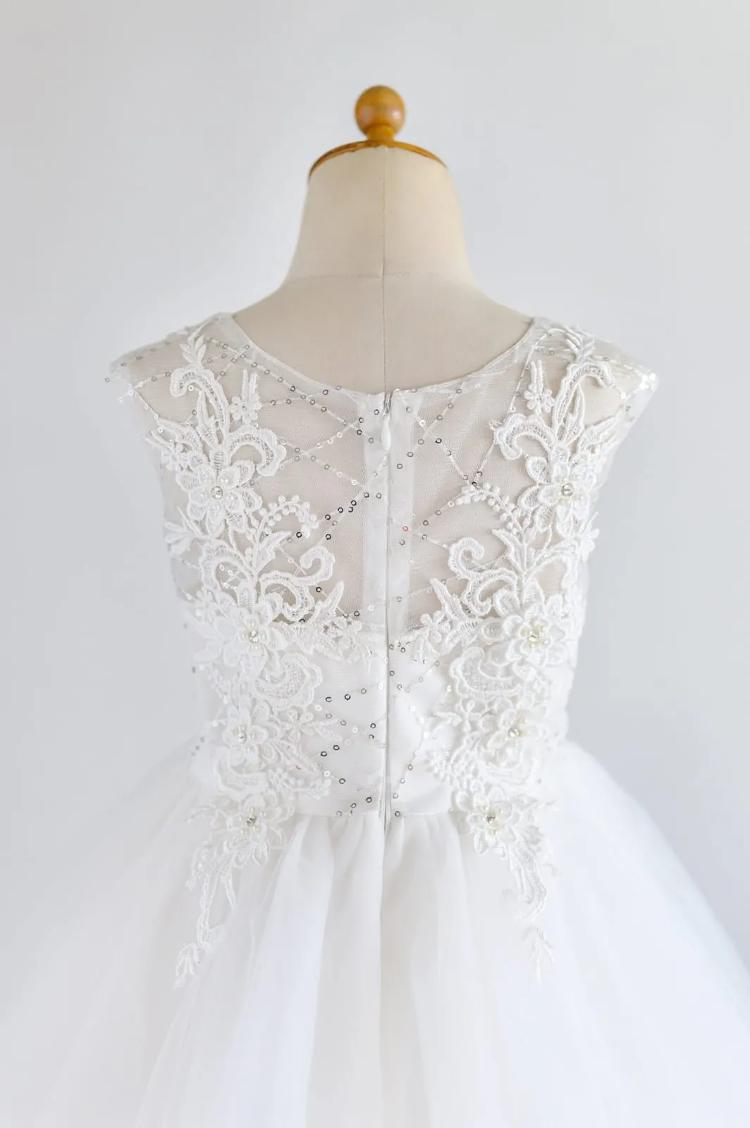 Ivory Lace Sequin Tulle Hi-low Wedding Flower Girl Dress