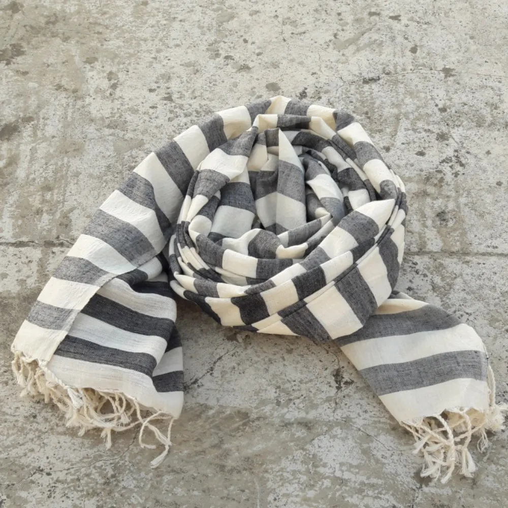 Kala Swaraj Mulmul Cotton Shawl - Black Weft Stripes