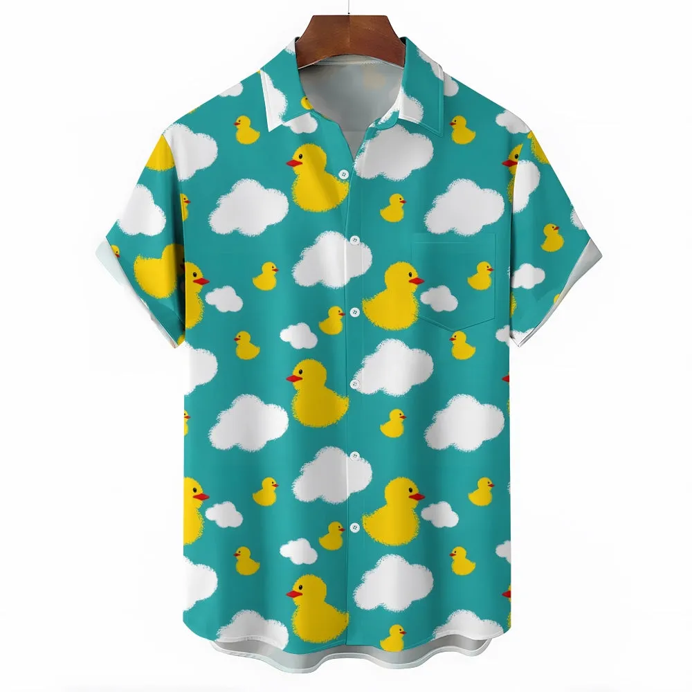 Little Yellow Duck White Cloud Print Casual Short Sleeve Shirt 2403000185