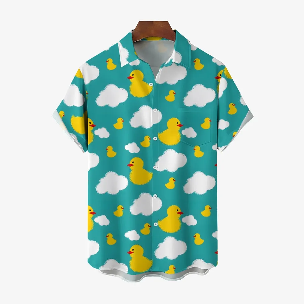 Little Yellow Duck White Cloud Print Casual Short Sleeve Shirt 2403000185